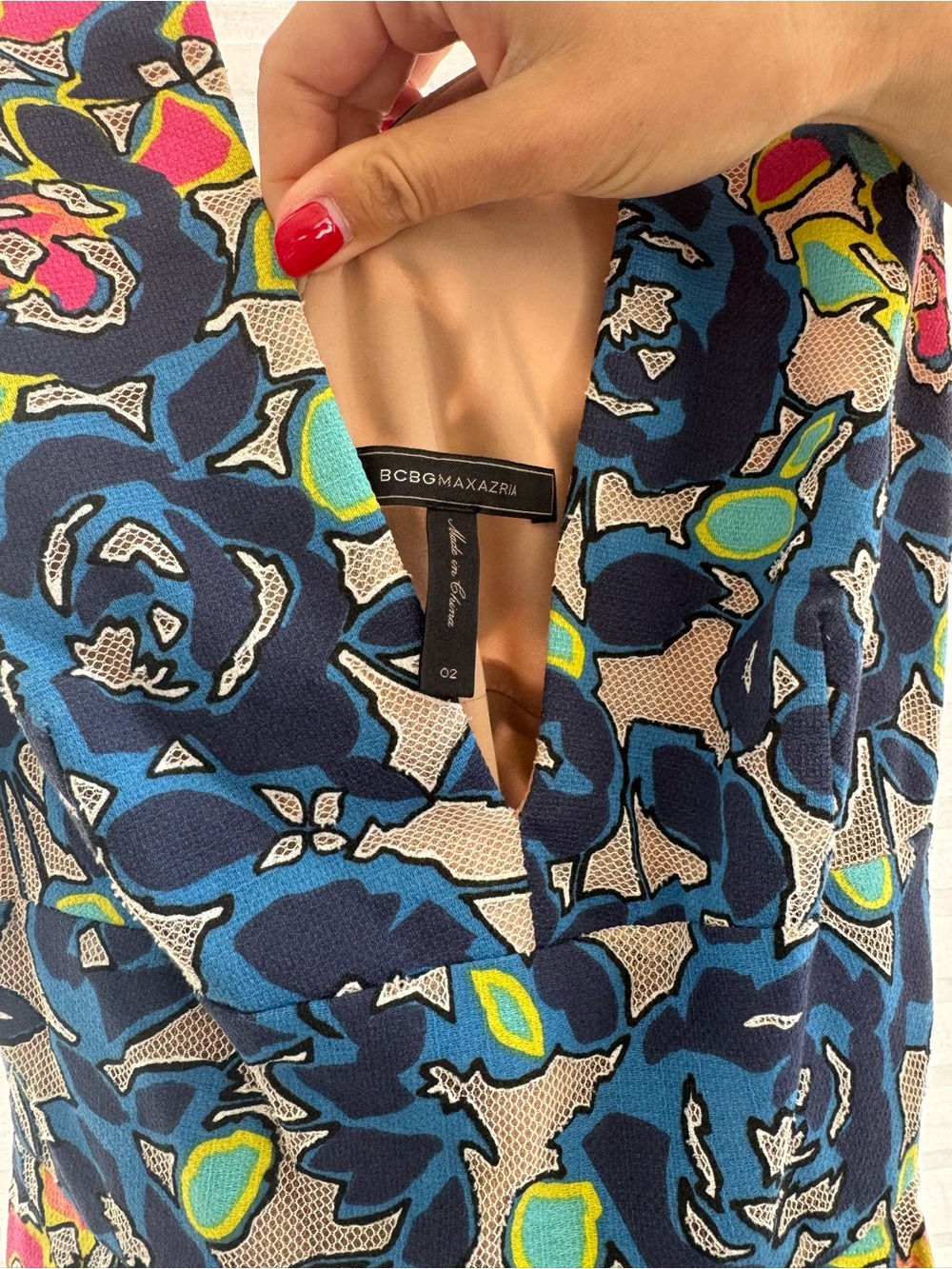 BCBGMaxAzria Navy and Bright Blue Abstract Floral V-Neck Dress